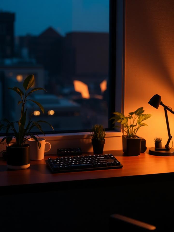 dee.designs: rebuilt the desk for the third time this year. warm lamp + one plant per monitor rule